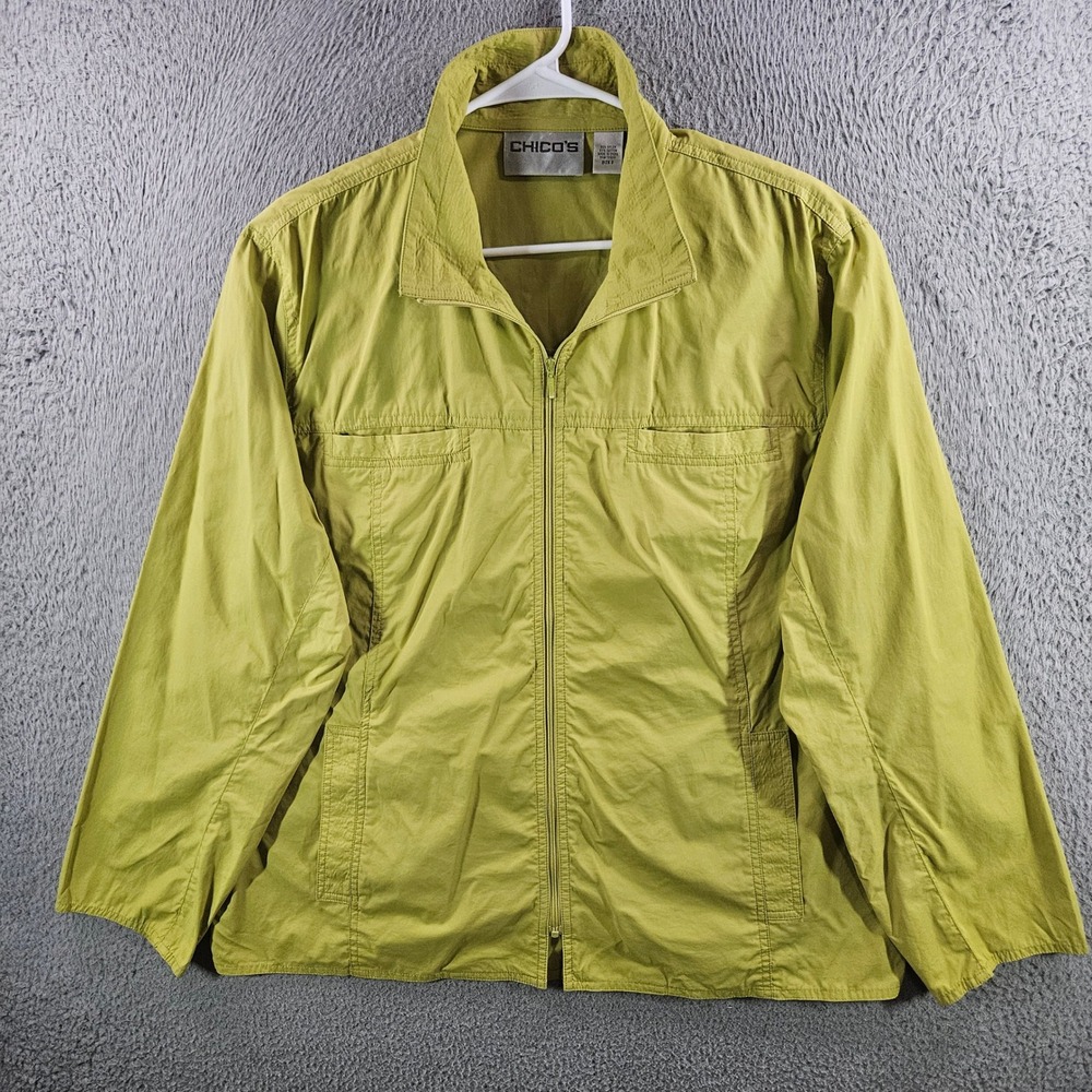 Chicos Womens Size 3 Large Chartreuse Green Full Zip Nylon Cotton Jacket Pocket